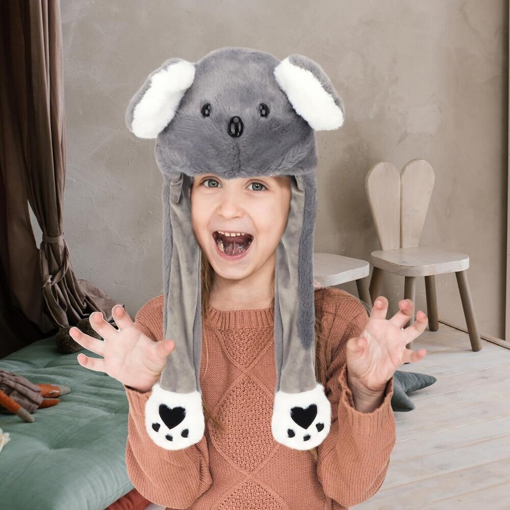 Kids Koala Animal Hat with Ears Moving Jumping Pop Up Beating Plush Holiday - Picture 5 of 7